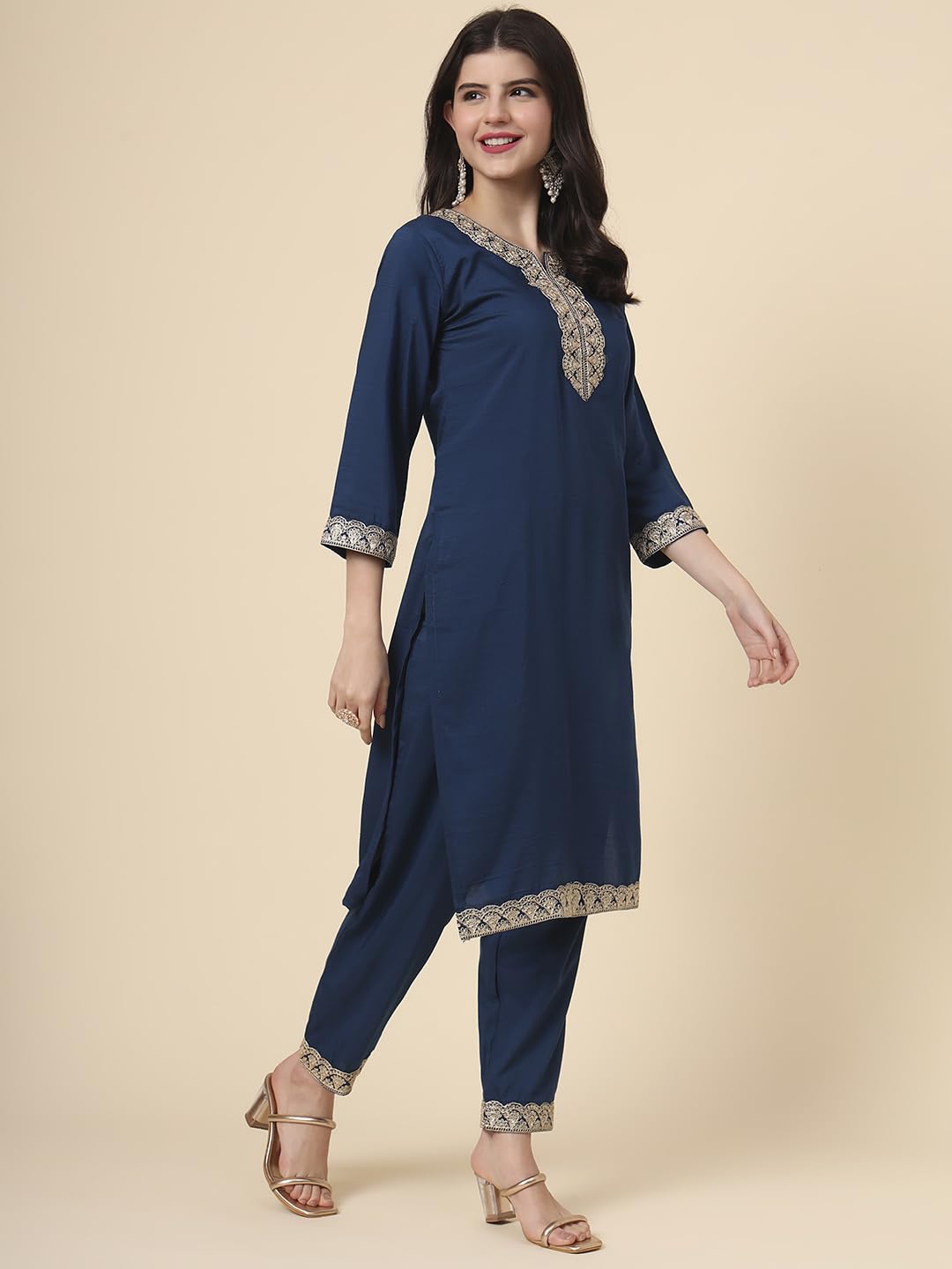 Ekasya WomenS Silk Embroidered Navy Blue Straight Cut Calf Length Round Neck Kurta Pant With Dupatta Set (E1742)