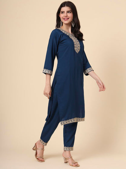 Ekasya WomenS Silk Embroidered Navy Blue Straight Cut Calf Length Round Neck Kurta Pant With Dupatta Set (E1742)