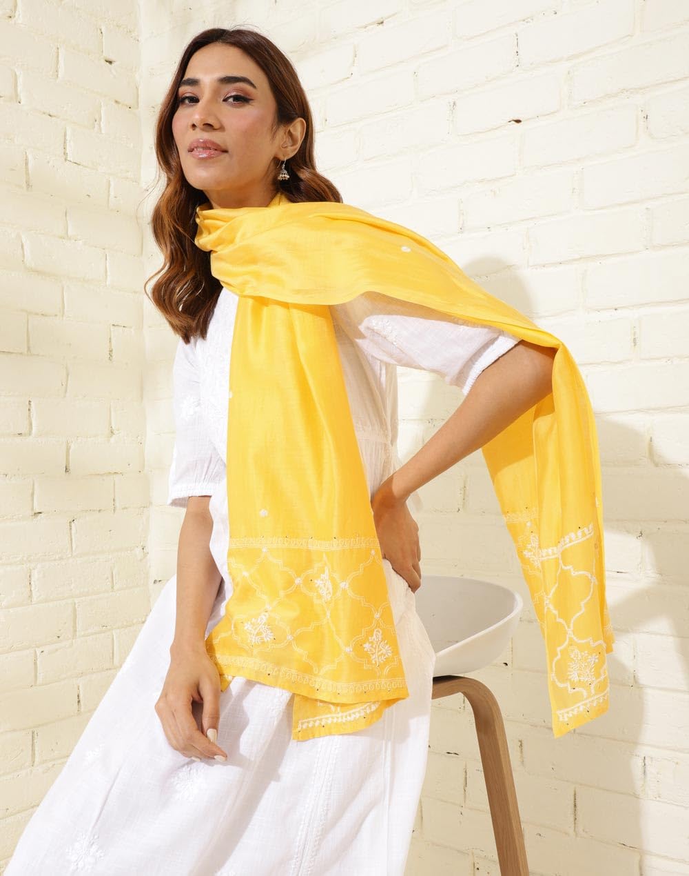 Fabindia Yellow Cotton Silk Chikankari Stole (1.8M X 56CM)
