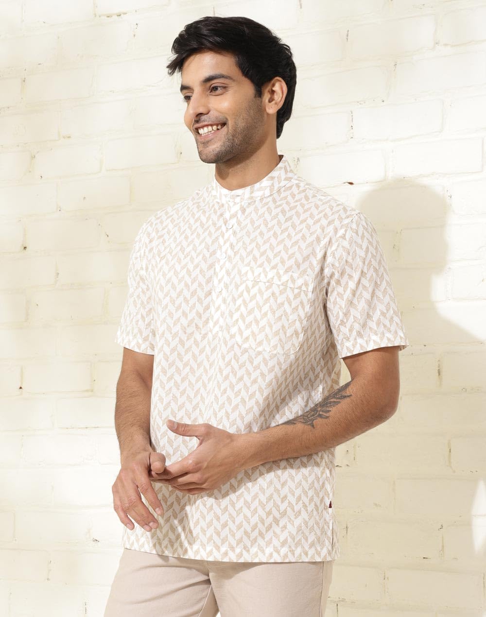 Fabindia MenS Printed Relaxed Fit Shirt (1036438White- White-Brown
