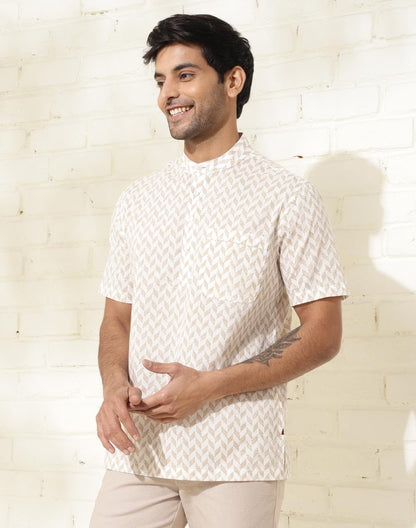 Fabindia MenS Printed Relaxed Fit Shirt (1036438White- White-Brown