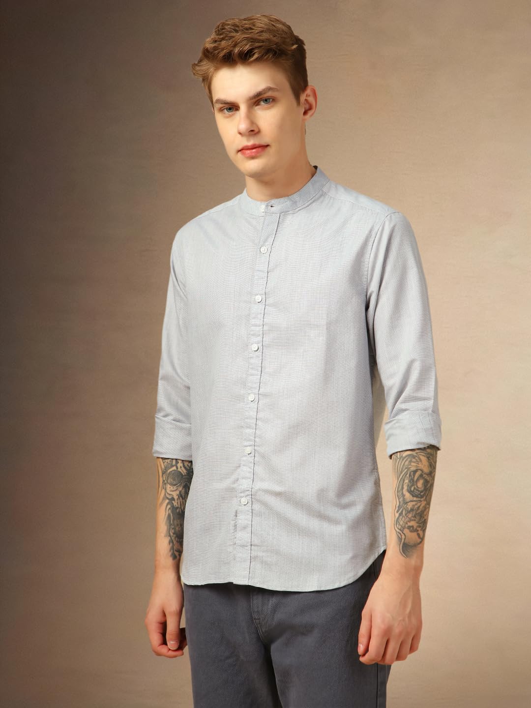 Dennis Lingo Men Slim Fit Cotton Full Sleeves Solid Formal-Shirt Grey