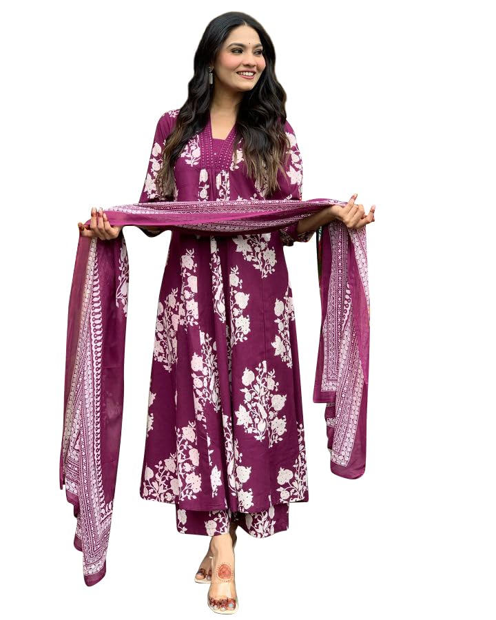 Toochki WomenS Rayon Blend Anarkali Printed Kurta With Palazzo And Dupatta