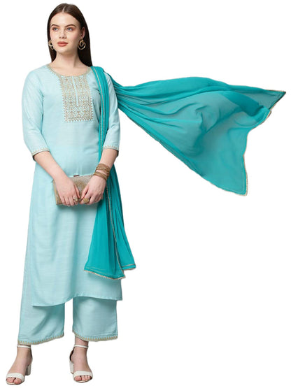 ANNI DESIGNER Womens Cotton Blend Solid Straight Kurta with Palazzos & with Dupatta (Dakum Sky Blue_M_Sky Blue_Medium)