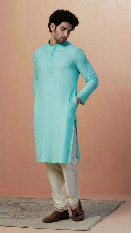 Manyavar Mens Green Cotton Solid Kurta Pyjama Set