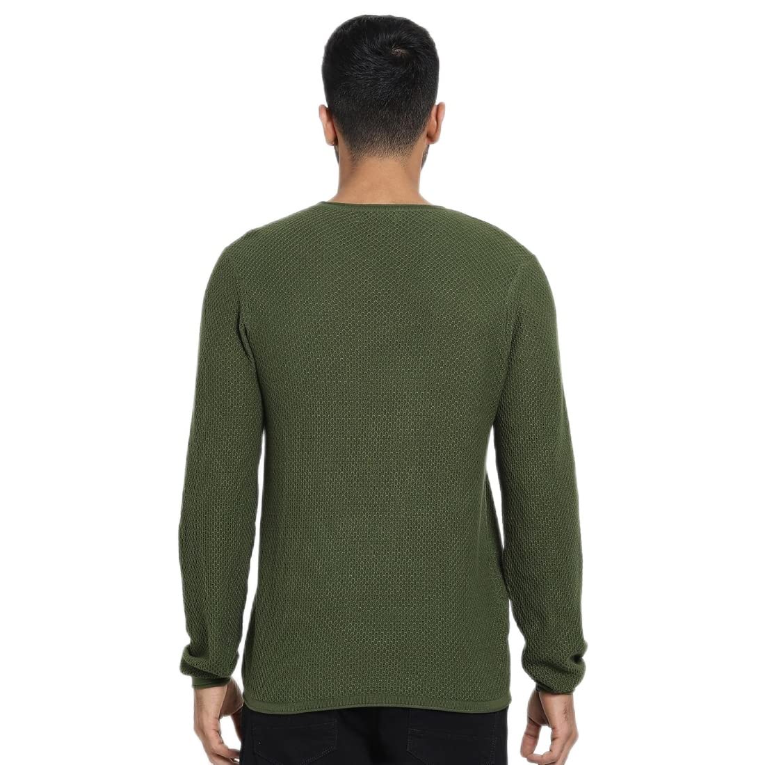 Bewakoof Mens Solid Regular Fit Full Sleeve Round Neck Cotton Sweater Green