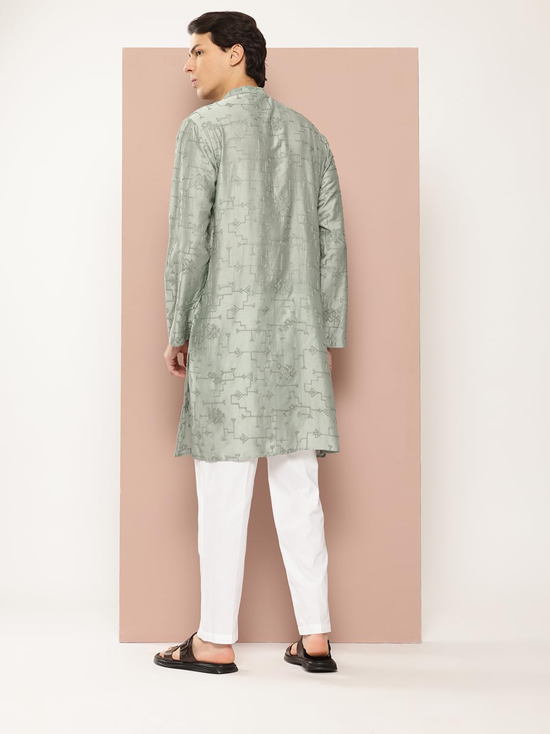 See Designs Mens Long Sleeve Side Slit Sea Green Embroidered Thread Work Chanderi Silk Straight Mandarin Collar Kurta - SDKT287