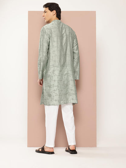 See Designs Mens Long Sleeve Side Slit Sea Green Embroidered Thread Work Chanderi Silk Straight Mandarin Collar Kurta - SDKT287