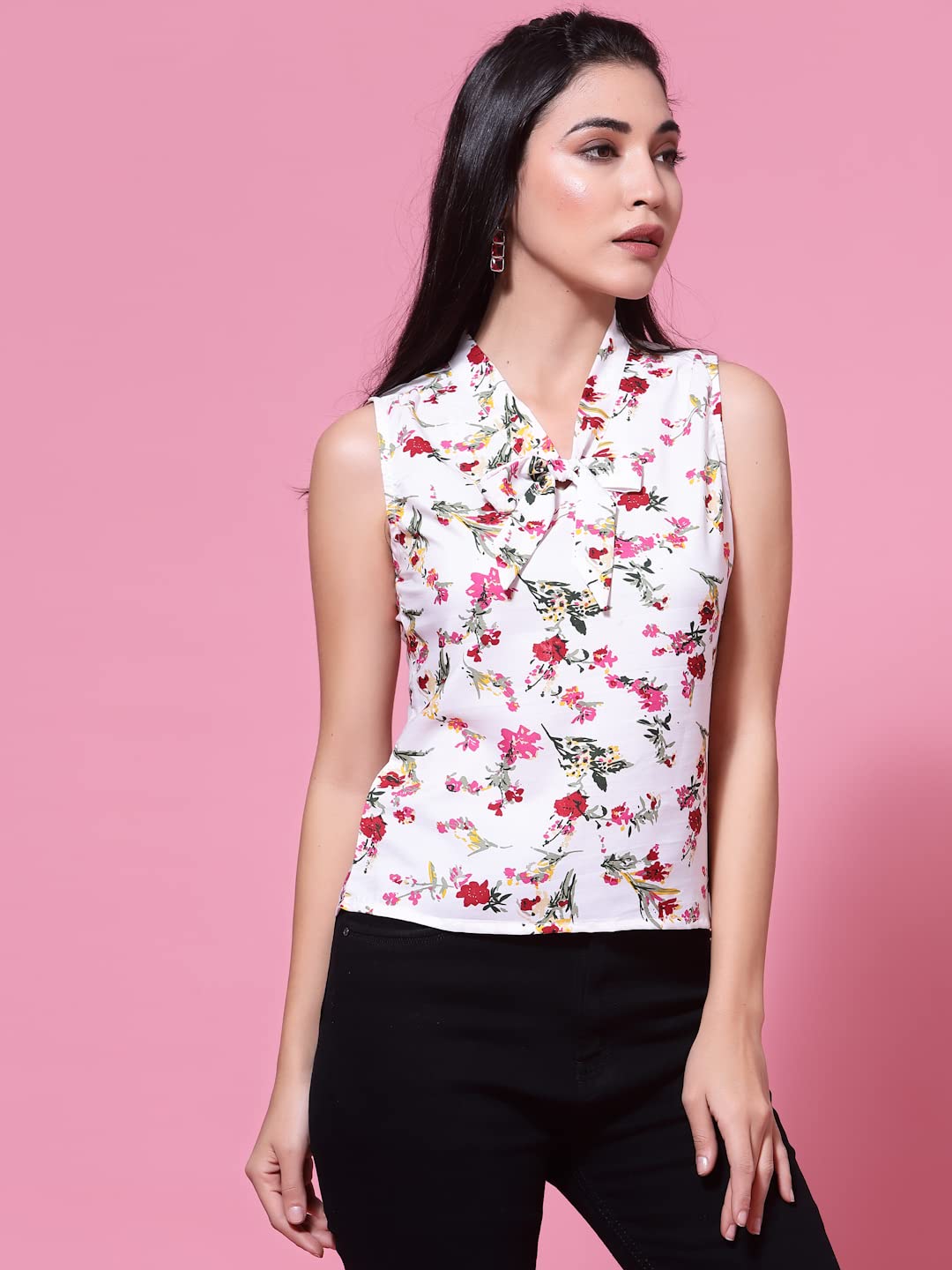OOMPH! Womens Crepe Printed top with Tie Neck and Sleeveless