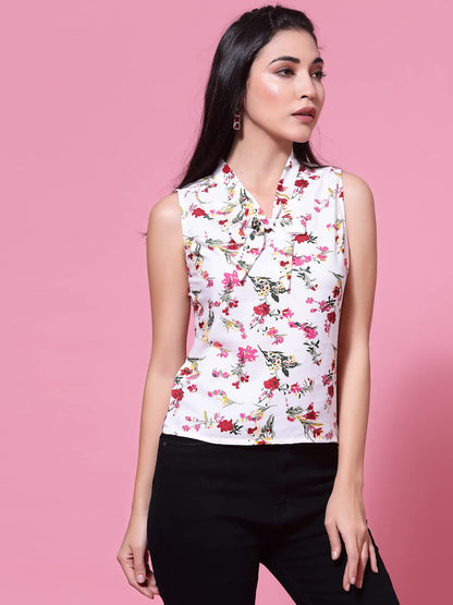 OOMPH! Womens Crepe Printed top with Tie Neck and Sleeveless
