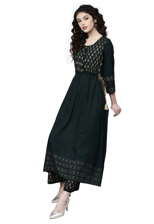 Ishin Women's Rayon Green Printed Anarkali Kurta & Palazzo Set