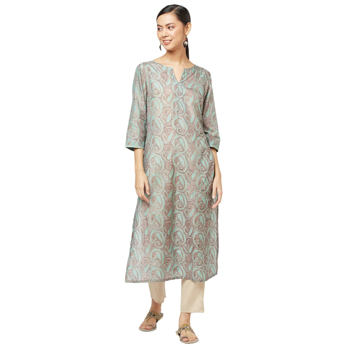 Fabindia Rayon Blend Printed Long Kurta (Teal-M-10705546)