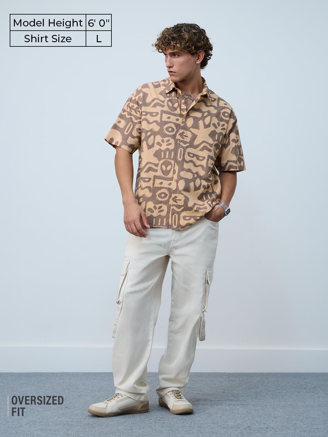 The Souled Store Oversized Shirt: Marine Men and Boys Short Sleeves Collared Neck Button Front Brown All Over Printed Cotton Ove