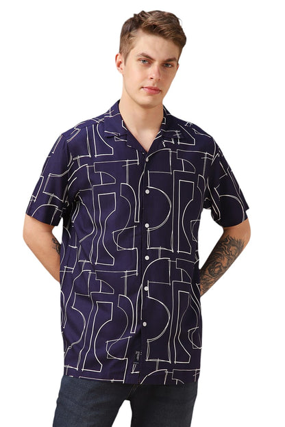 Dennis Lingo Men Blue Printed Viscose Relaxed Fit Half Sleeve Shirts