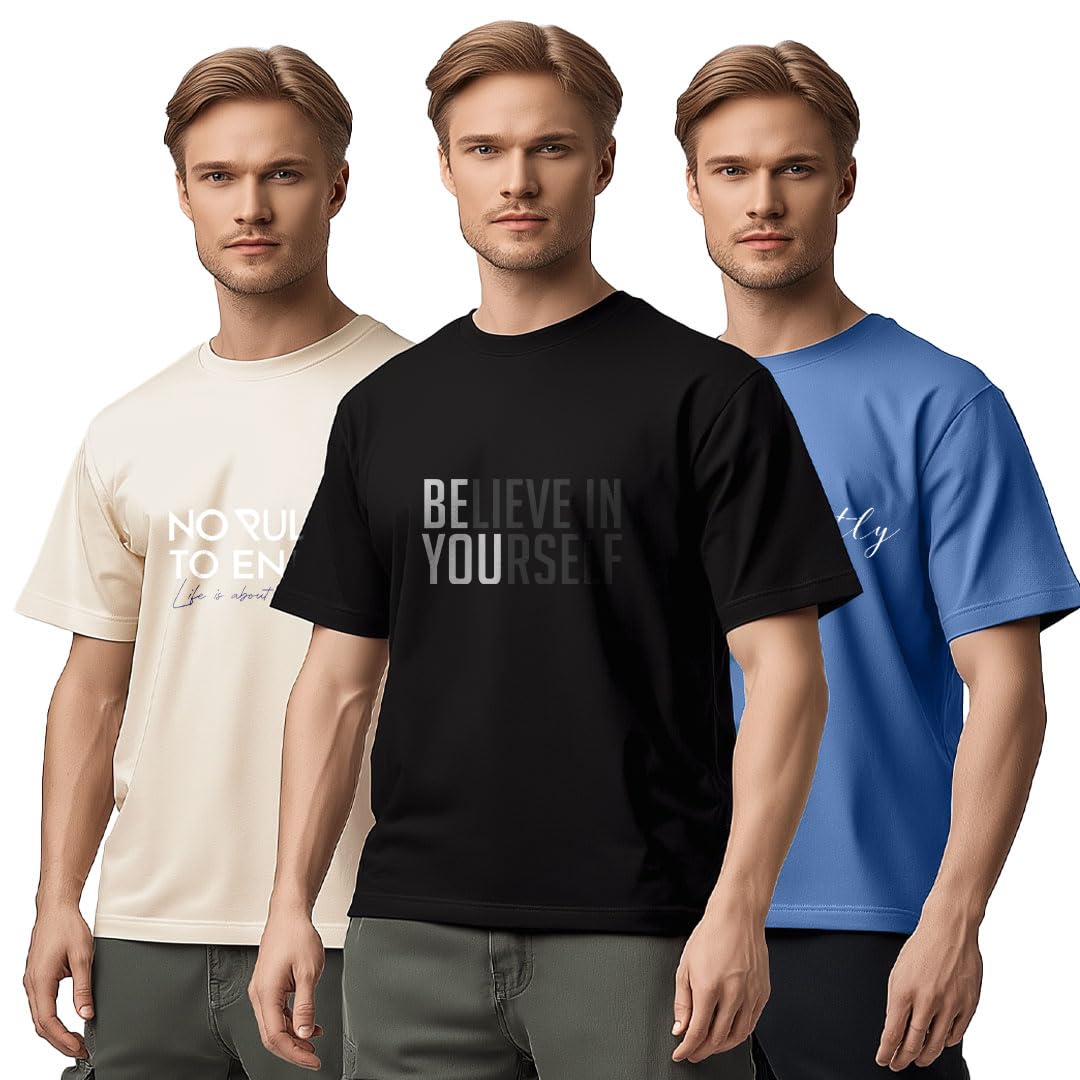 Nobero MenS Graphic Printed Regular Fit T-Shirt (1M-Twts-C0948-216X_Sand / Black/Marine