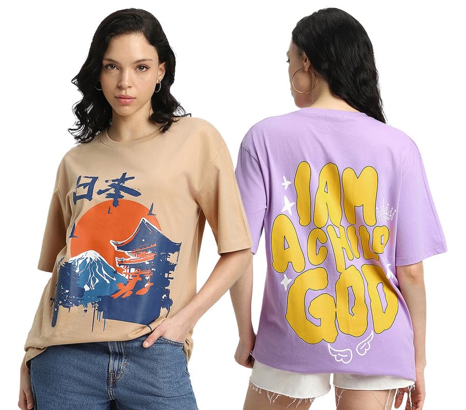 Juneberry Pure 100% Cotton Oversized Loose Baggy Fit Drop Shoulder Latest Aesthetic & Cool Graphic Prinred Half Sleeve T-Shirts
