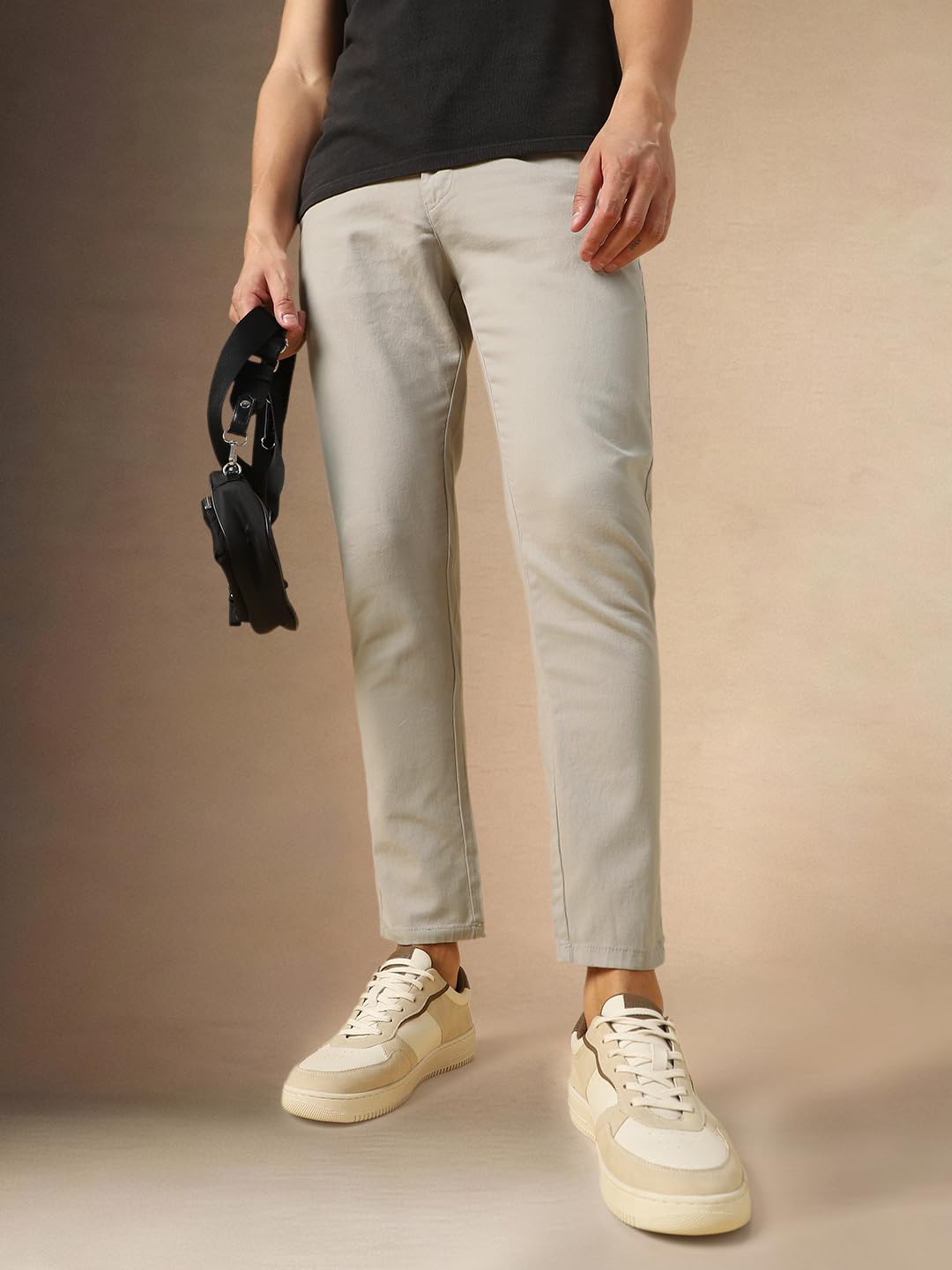 Dennis Lingo Mens Light Grey Solid Cotton Straight Fit Chinos