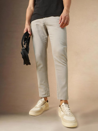 Dennis Lingo Mens Light Grey Solid Cotton Straight Fit Chinos