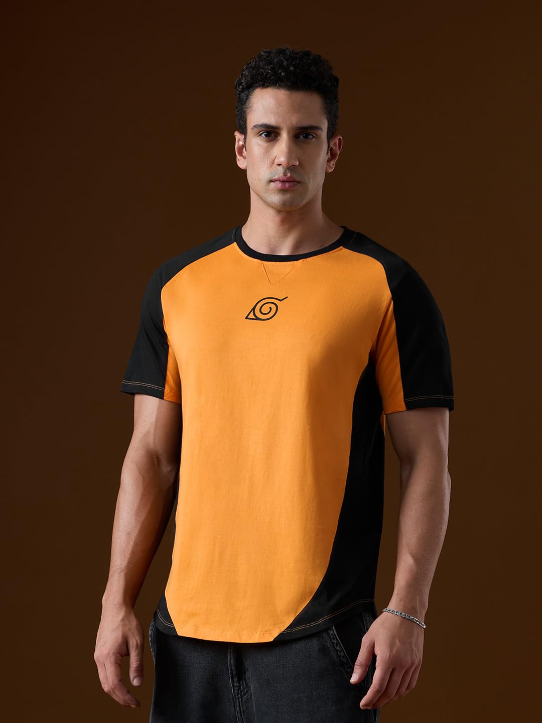 The Souled Store Naruto Shippuden: Kuramas Curse Men and Boys Short Sleeves Round Neck Orange Regular Fit Drop Cut T-Shirt