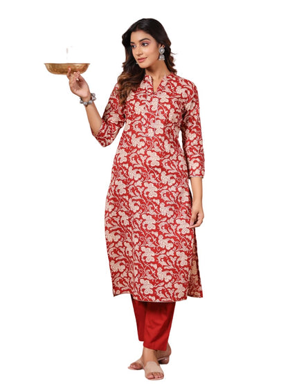 anubhutee Women's Brick Red Floral Print Pure Cotton Straight Kurta with Trousers