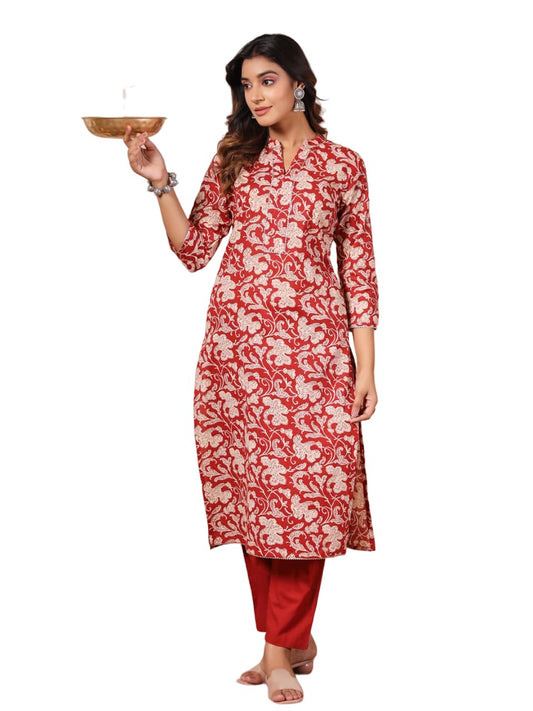 anubhutee Women's Brick Red Floral Print Pure Cotton Straight Kurta with Trousers