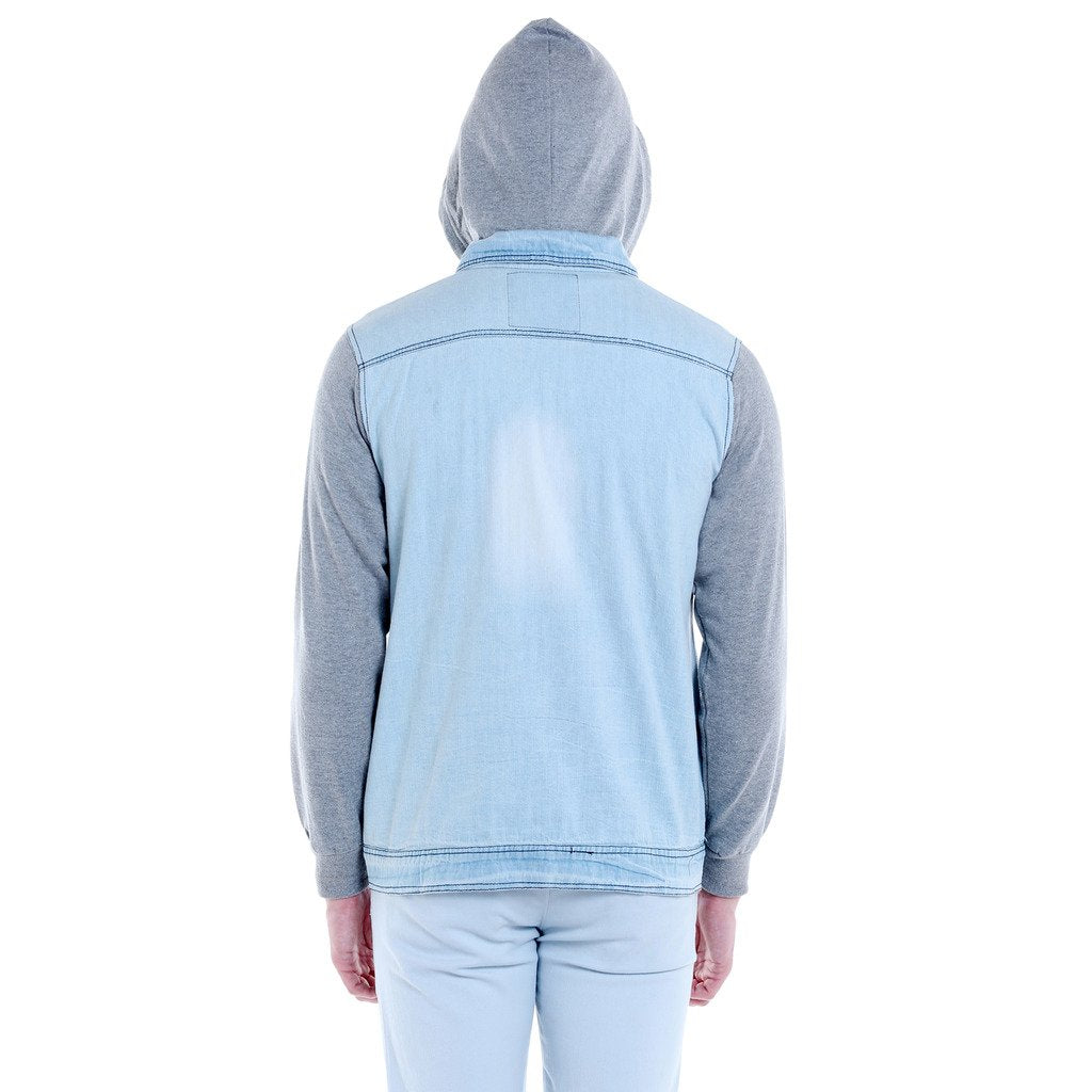 Campus Sutra Mens Light-Washed Blue & Black Regular Fit Denim Jacket for Winter Wear | Hooded Collar | Full Sleeve | Buttoned |