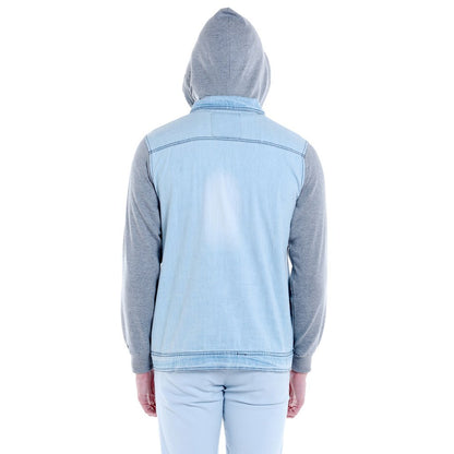 Campus Sutra Mens Light-Washed Blue & Black Regular Fit Denim Jacket for Winter Wear | Hooded Collar | Full Sleeve | Buttoned |