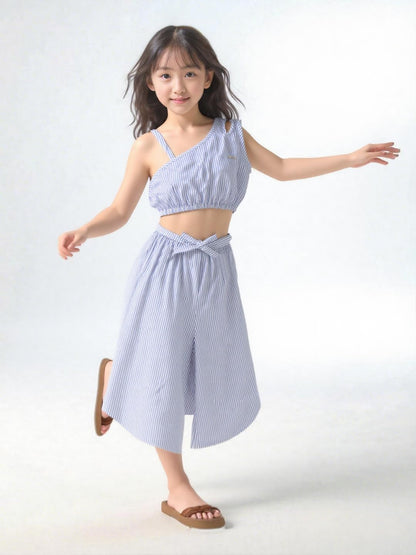 A.T.U.N. (ALL THINGS UBER NICE) Girls Blue Stripe Leslie Co-ord Set | Sleeveless Top and Capri Set
