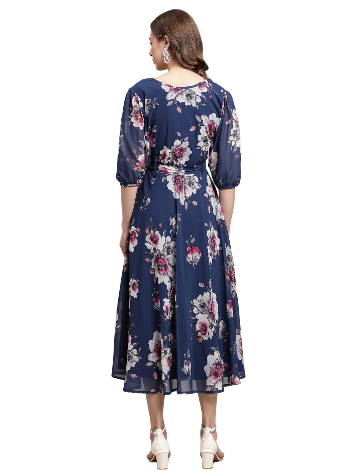 Preneum WomenS Maxi Fit & Flare Latest Style Print Georgette Regular Sleeves Casual Summer Maxi | Festival & Occasion, Light Bl