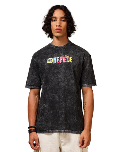 Bewakoof Official One Piece Merchandise Mens Graphic Print Oversized Fit Half Sleeve Round Neck Cotton Acid Wash T-Shirt_630630