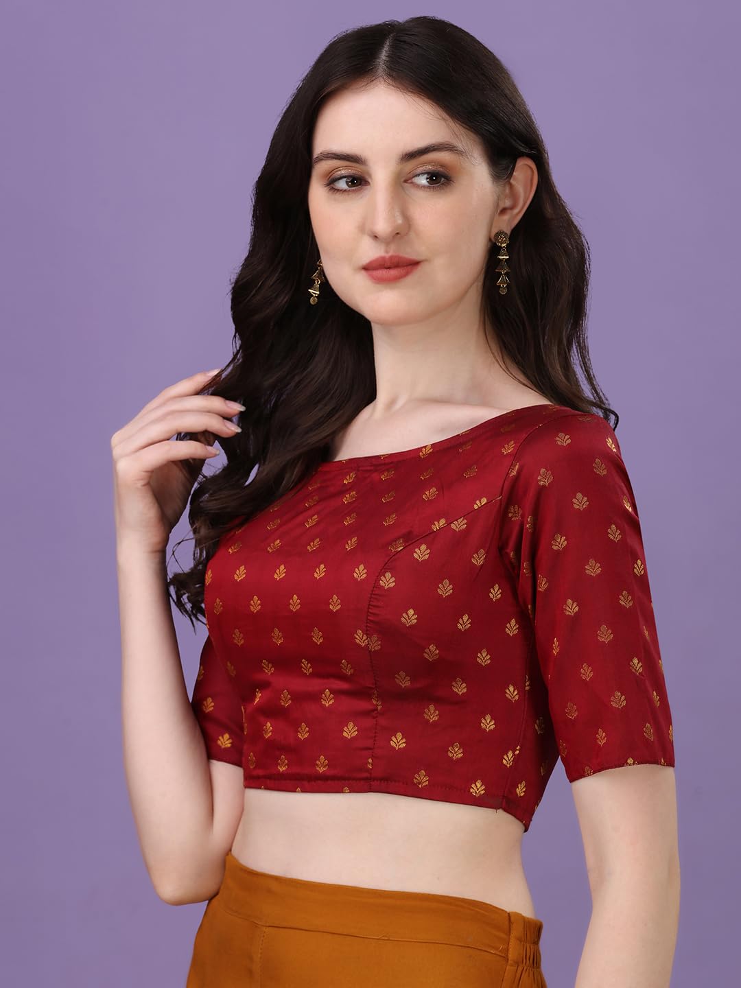 Oomph! WomenS Indian Ethnic Wear Designer Leaf Pattern Boat Neck Half Sleeve Brocade Maroon Blouse For Saree Or Lehnga And Blou