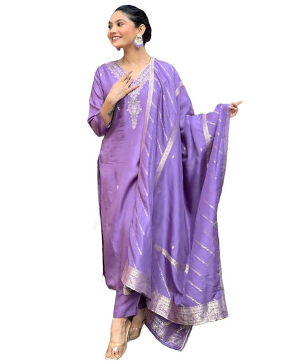 Gosriki WomenS Rayon Viscose Embroidered Straight Kurta With Pant & Dupatta (Paritosh Purple-Gs_Xxl_Purple_Xx-Large)