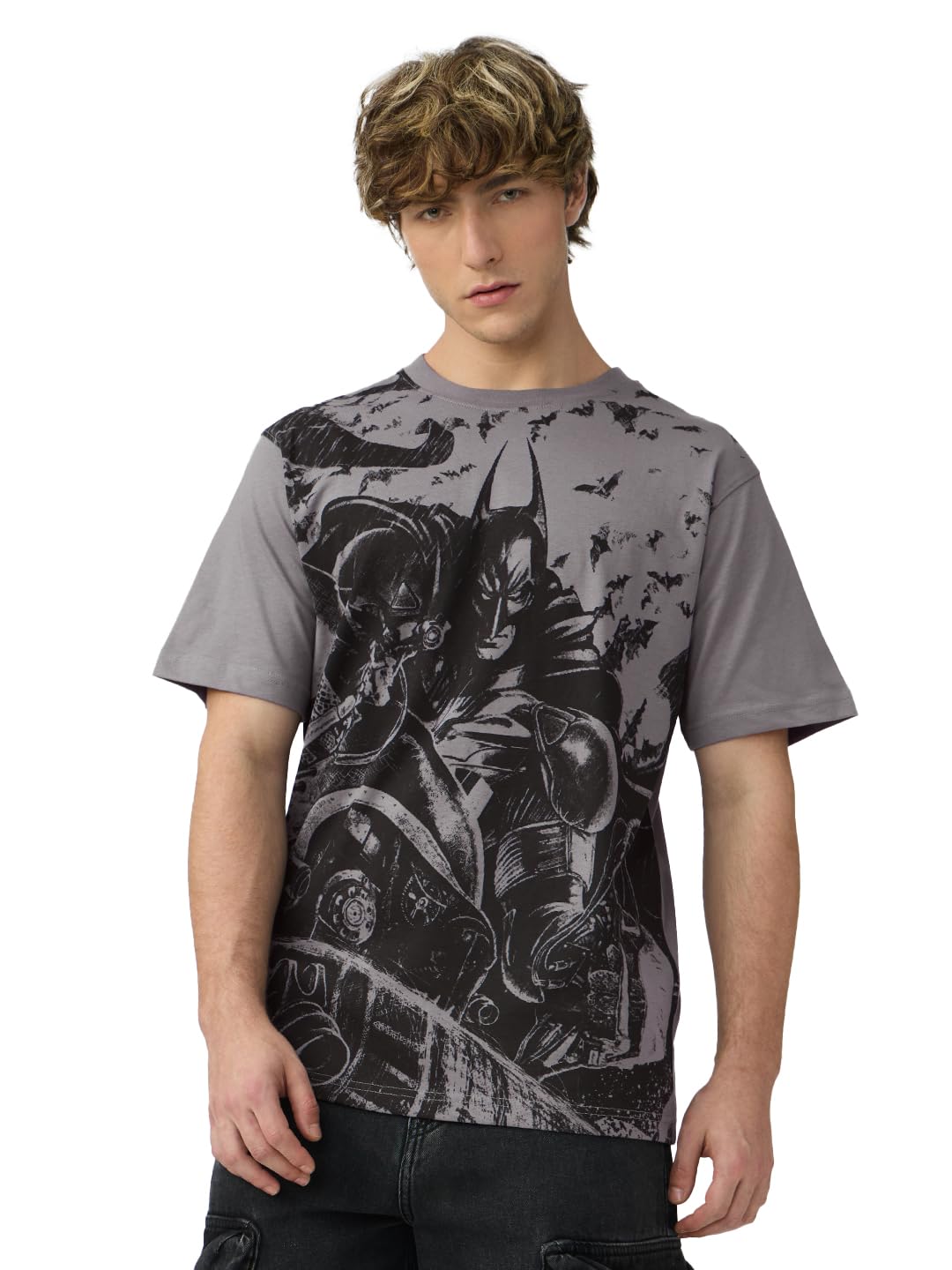 The Souled Store Batman: Define Me Men and Boys Short Sleeves Round Neck Grey Printed Regular Fit Cotton T-Shirts