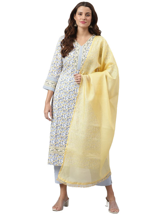 GoSriKi Women's Cotton Blend Straight Printed Kurta with Pant & Dupatta (Mulhar STY-GO)