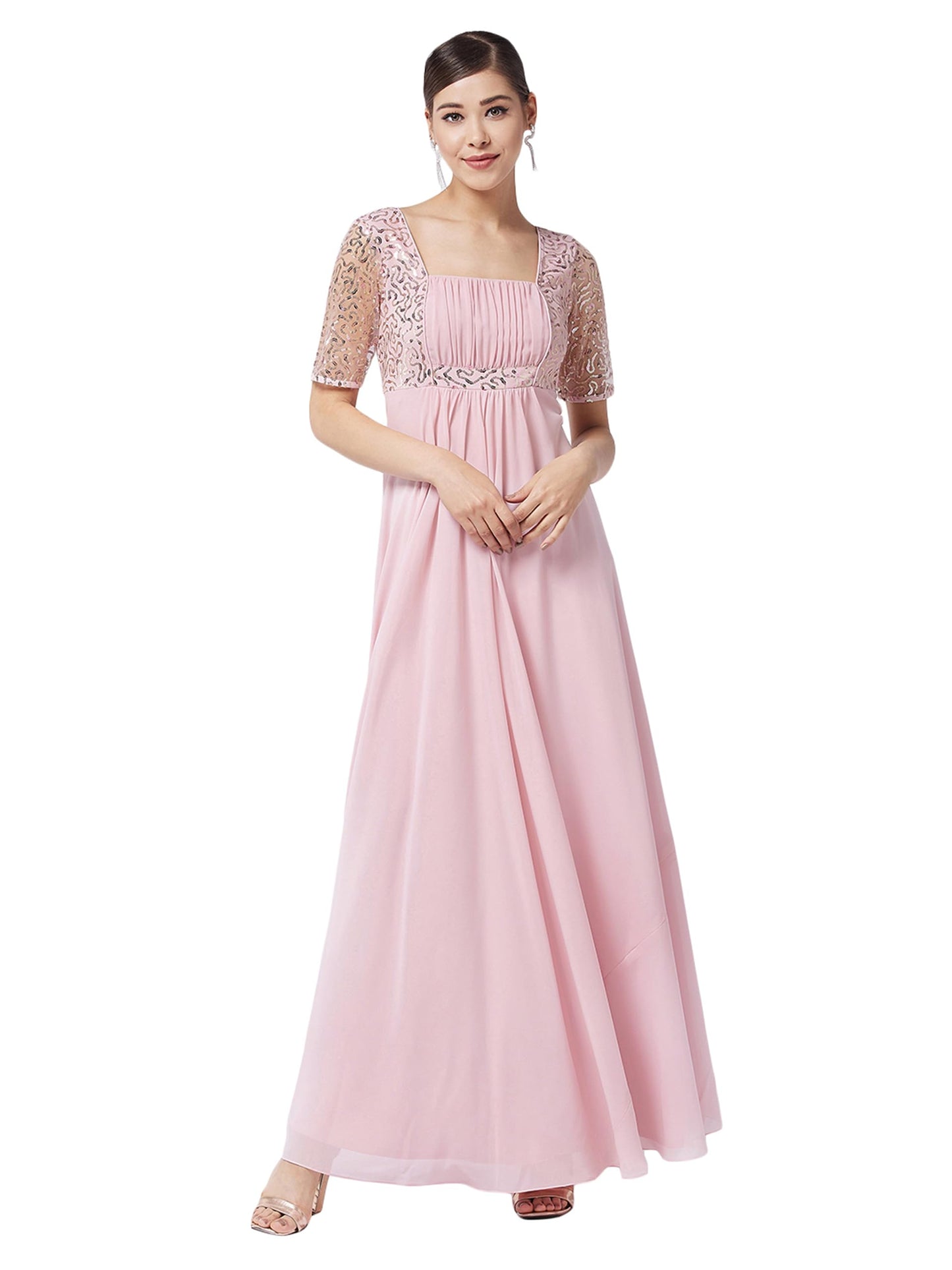 Miss Chase WomenS Dusty Pink Square Neck Half Sleeve Solid Embellished Maxi Dress (Mcaw21D06-41-122-06, Dusty Pink, Xl)