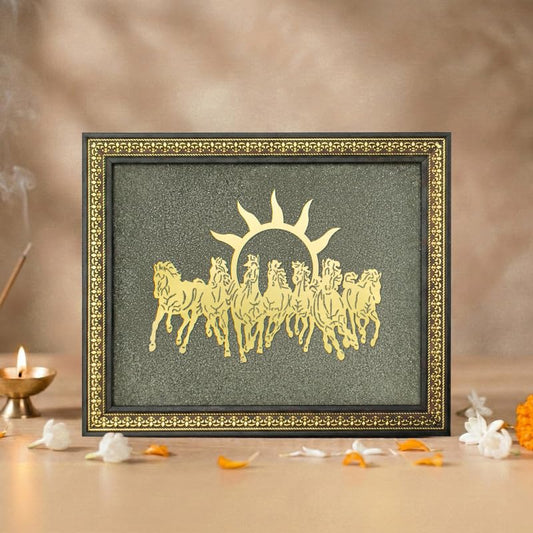 Astrotalk 7 Horses on Raw Pyrite Frame (13x10.5 Inch) | 7 Horses Wall Decor Pyrite Stone Frame for Success & Fame | Vastu Items for Money Attraction | Home Decor for Living Room | 1 Piece