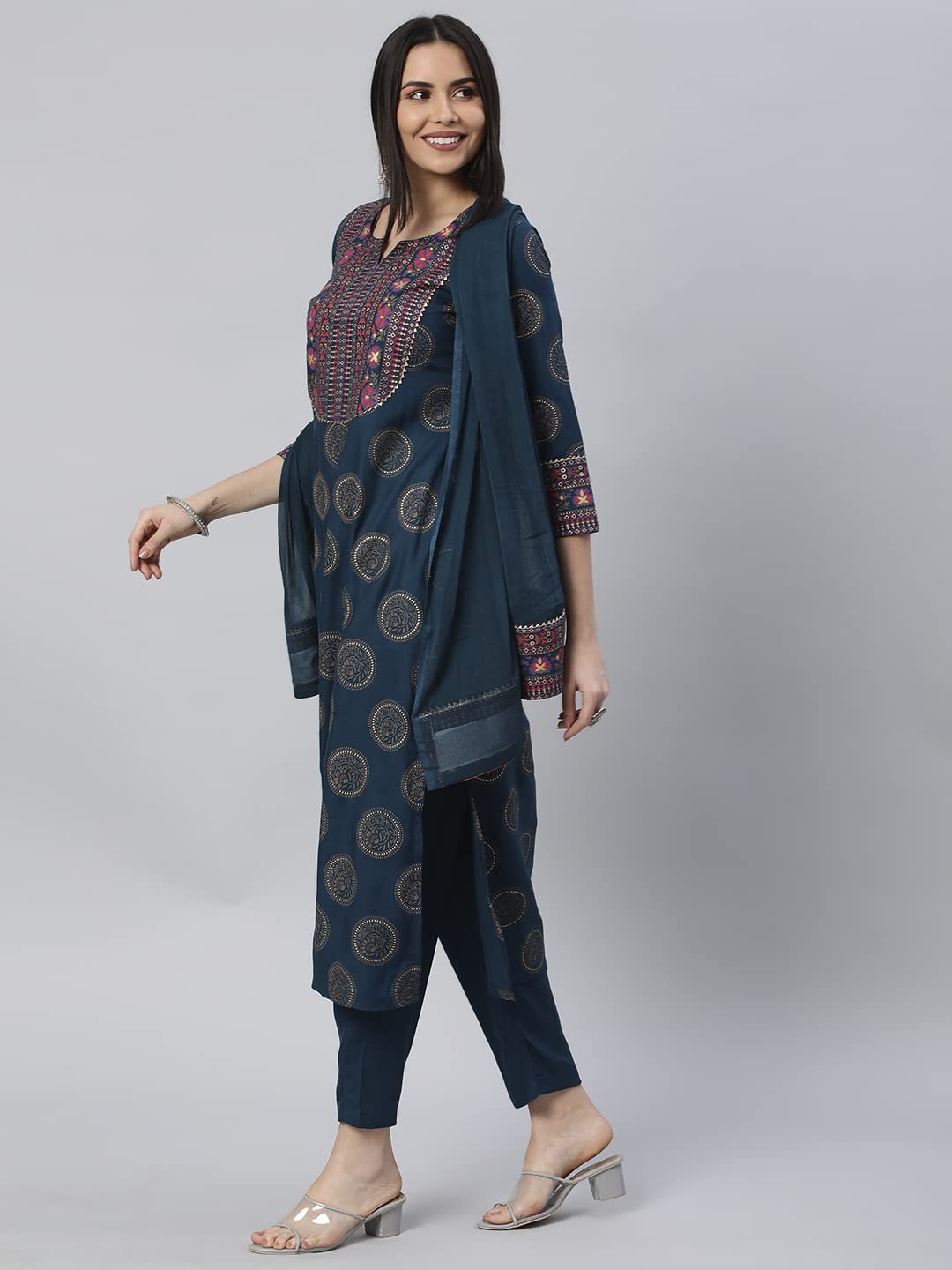 Gosriki WomenS Cotton Blend Printed Straight Kurta With Pant & Dupatta (Nov-Rama-Gs_L_Rama_Large)