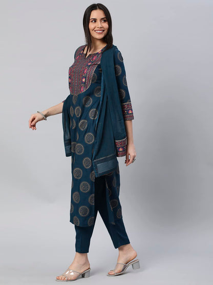 Gosriki WomenS Cotton Blend Printed Straight Kurta With Pant & Dupatta (Nov-Rama-Gs_L_Rama_Large)