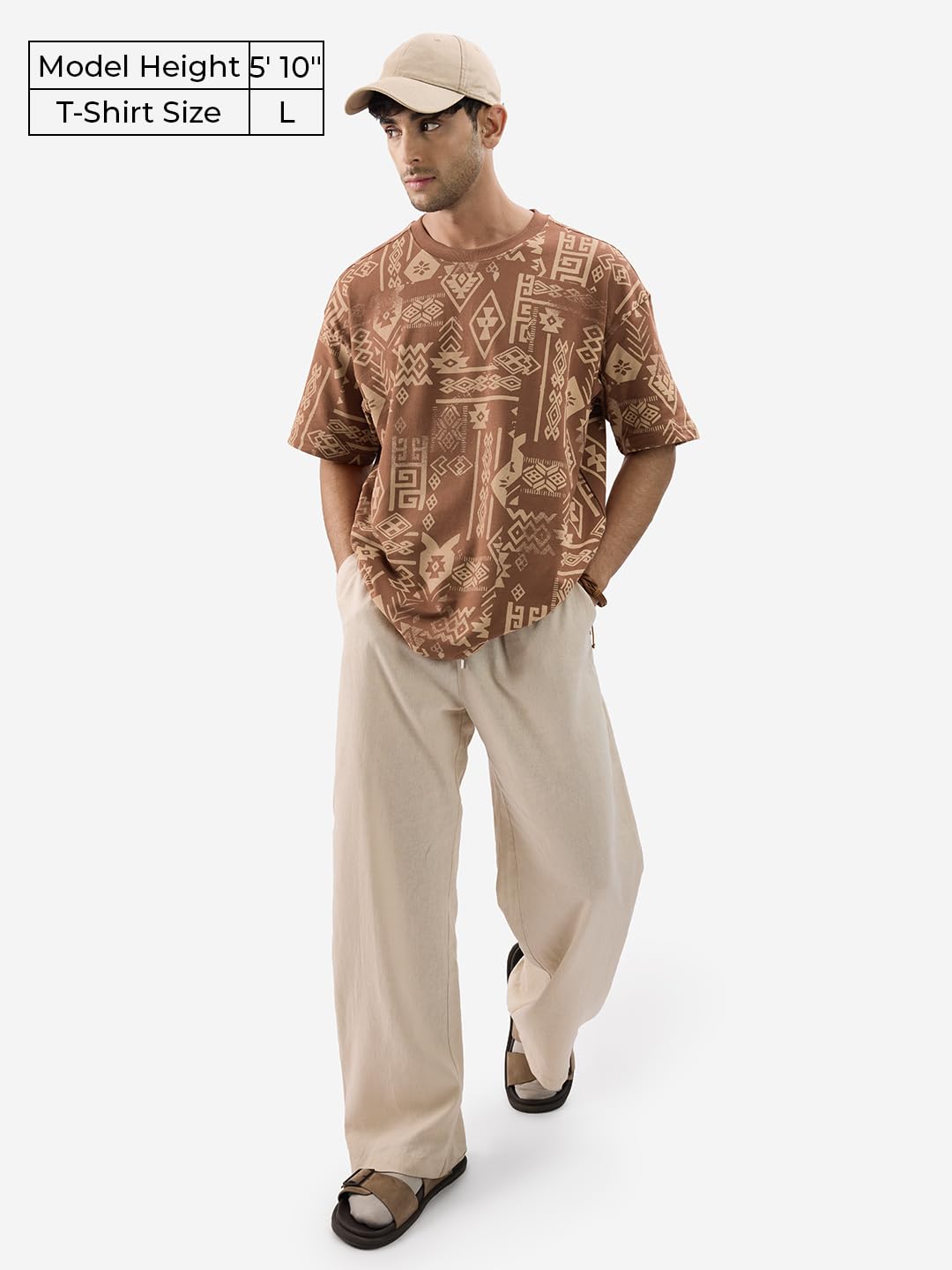 The Souled Store Spirit Mosaic Men and Boys Short Sleeves Round Neck Brown All Over Printed Cotton Oversized T-Shirts