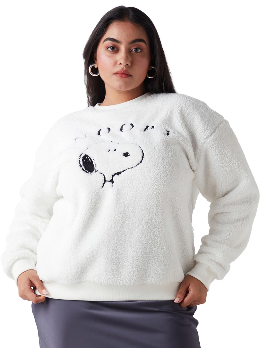 Bewakoof Official Peanuts Merchandise Snoopy Womens Embroidered Oversized Fit Full Sleeve Round Neck Cotton Blend Plus Size Swe