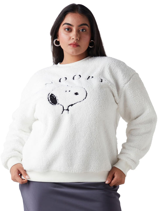 Bewakoof Official Peanuts Merchandise Snoopy Womens Embroidered Oversized Fit Full Sleeve Round Neck Cotton Blend Plus Size Swe