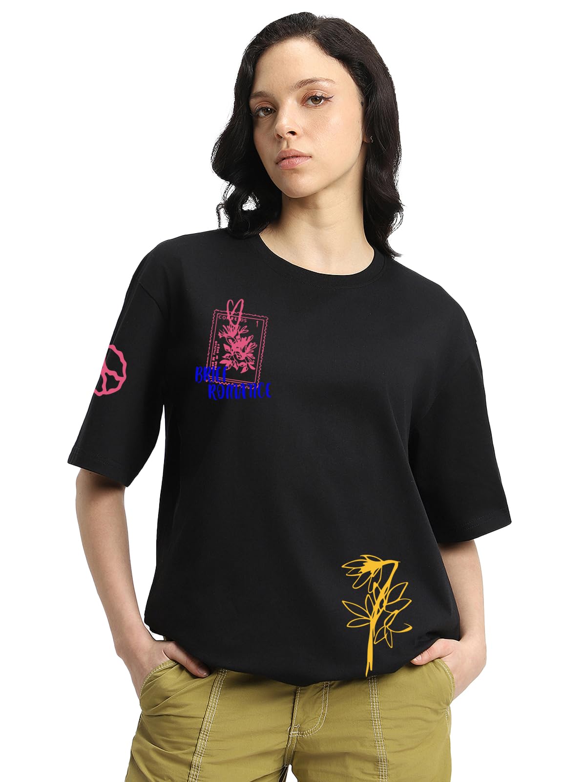 Veirdo Womens Cotton Round Neck Short Sleeve Oversized Baggy Fit Drop Shoulder Front Back Printed T-Shirt