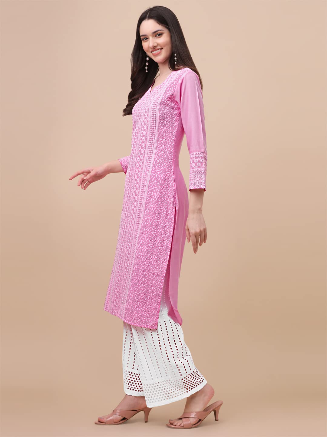 Gufrina WomenS Viscose Rayon Lucknowi Embroidery Work 3/4 Sleeve V- Nack Straight Kurta With Chikankari Embroidery Palazzo Set