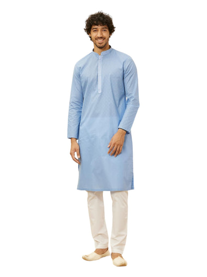 Manyavar Mens Blue Cotton Self Design Kurta Pyjama Set