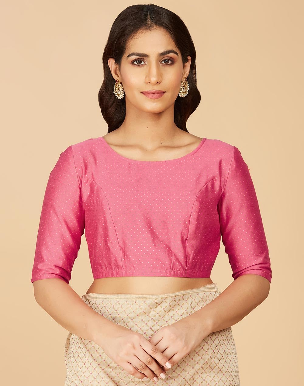 Fabindia Women's Cotton Silk Printed Elbow Sleeves Regular Fit Blouse (1032497CARROT_Pink 34)