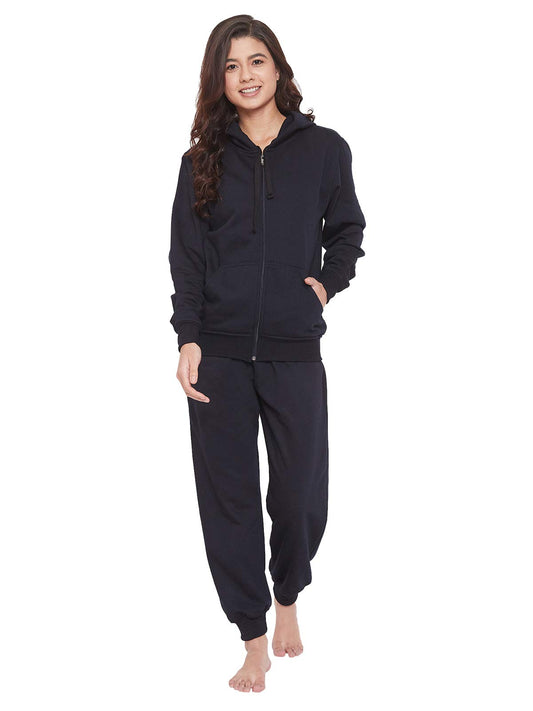 Clovia Womens Fleece Zipper Hoodie & Joggers Set (LSW396P08_Blue_XL)