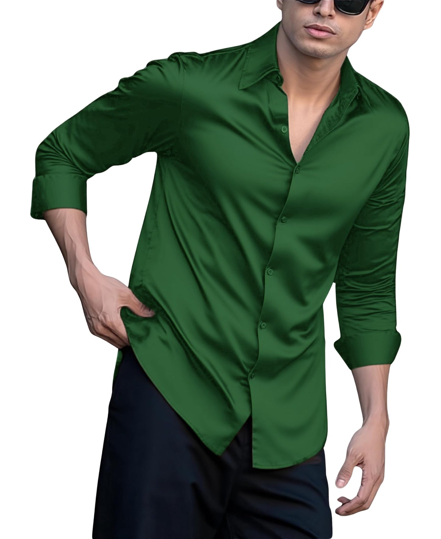 Indoprimo MenS Casual Button Down Long Sleeve Satin Plain Shirt Green
