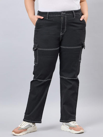 Style Quotient Women Plus Size Black Relaxed Fit High Rise Stretchable Cargos