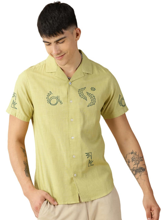 Thomas Scott Men Regular Fit Solid Cuban Collar Short Sleeve Shirt Olive