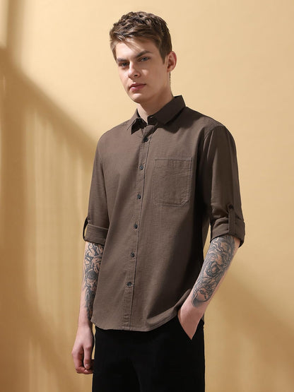 Dennis Lingo Men Regular Fit Brown Full Sleeves Cotton Casual Shirt